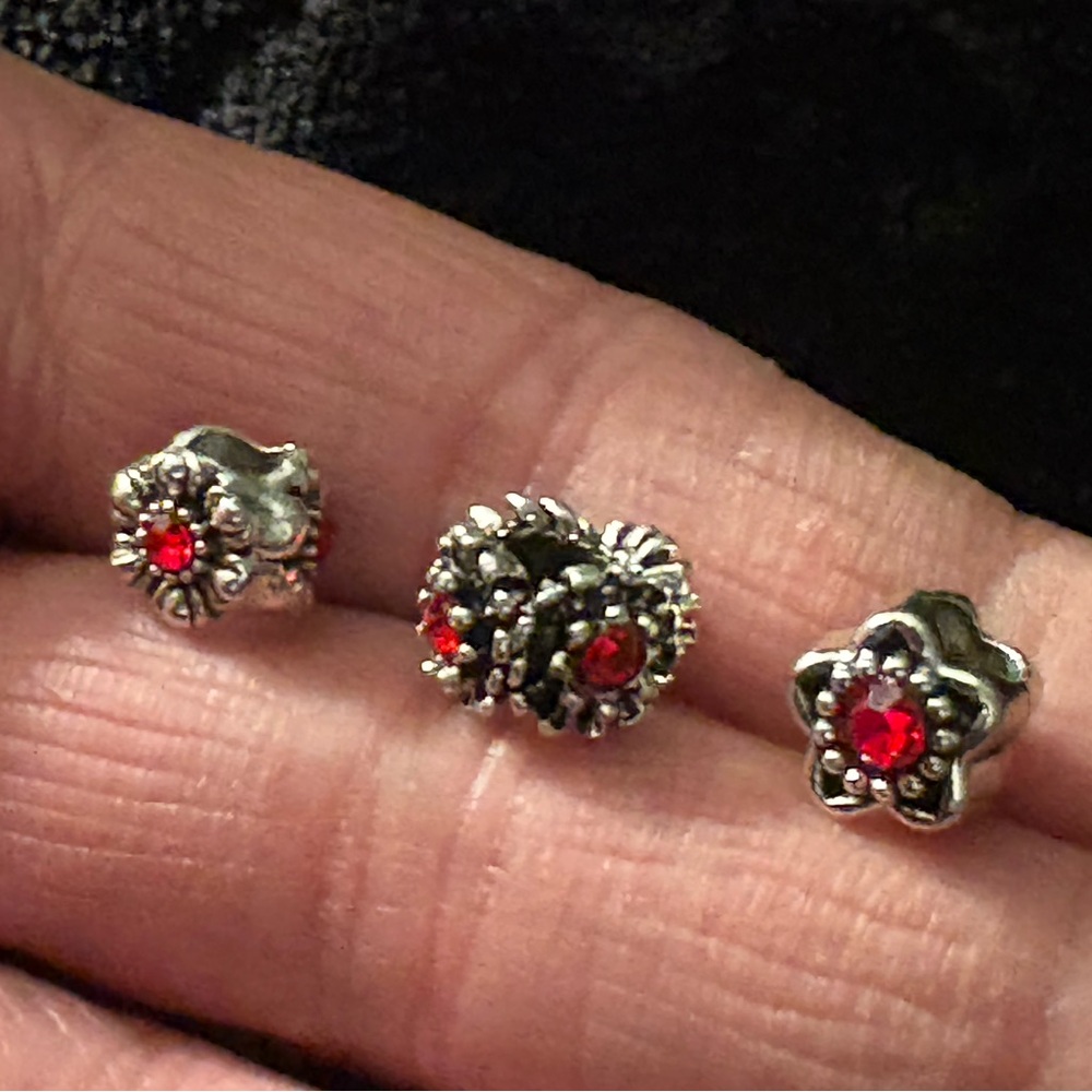 Charms- for bracelet (3) Silver Tone Red Ruby like stones, beautiful Red color